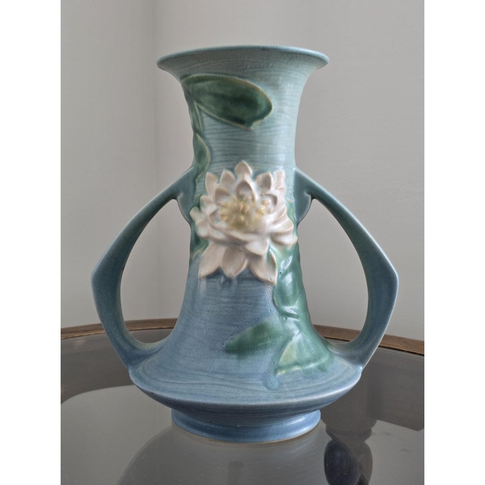 Vintage Roseville Water Lily Blue Double Handle Vase AS IS Cracked See Photo